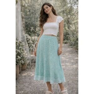 Charlotte Russe Teal Blue Floral Rayon Midi Skirt Elastic Waist Mesh Trim Medium